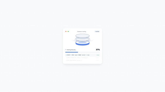 Minimalist digital interface animation of a database loading screen with SQL queries and circular layer elements for software development projects
