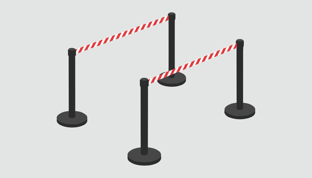 Isometric queue stanchions with red and white striped barrier tape for crowd control and access.