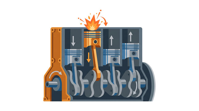 Internal combustion engine block diagram with pistons crankshaft and spark explosion cycle, vector illustration