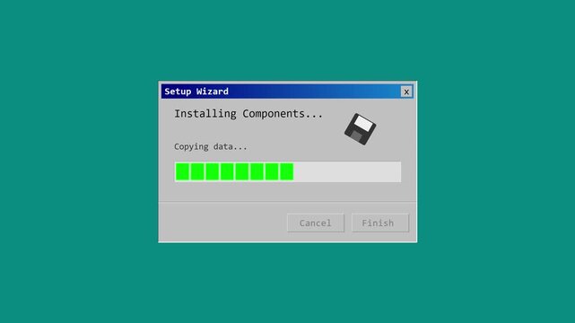 Retro computer setup wizard installing components on a teal background