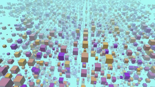 Spatial matrix of pastel-colored geometric voxel cubes, hollow frames, and blocky structures floating continuously through a light teal atmospheric background.