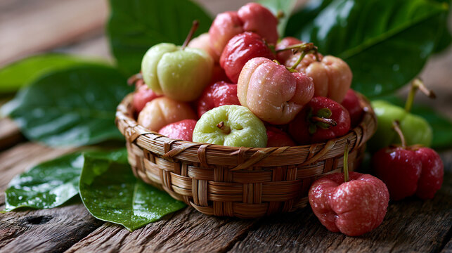 Rustic Basket of Ripe Wax Apples with Green Leaves on Wooden Table