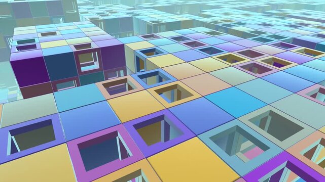 Spatial matrix of pastel-colored geometric voxel cubes, hollow frames, and blocky structures floating continuously through a light teal atmospheric background.