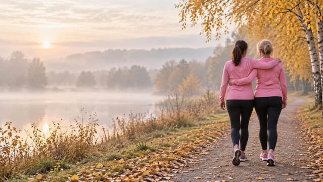 Two Friends in Pink Walking Together at Charity Run