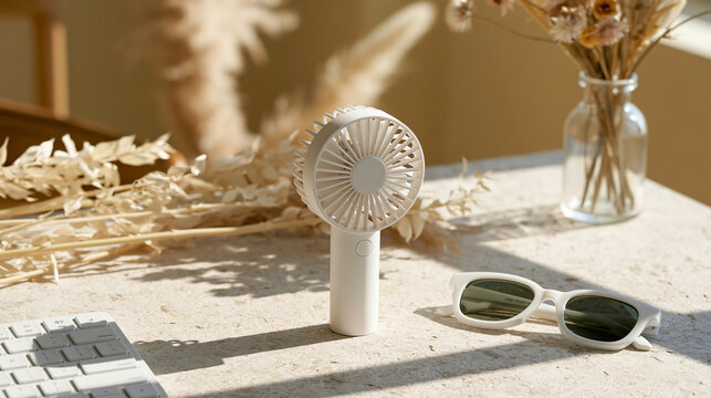 Small Electric Fan with Sunglasses on Sunlit Table and Bohemian Decor