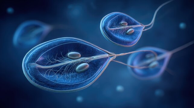Microscopic Paramecium Cells with Vibrant Cilia in Deep Blue Aquatic Environment