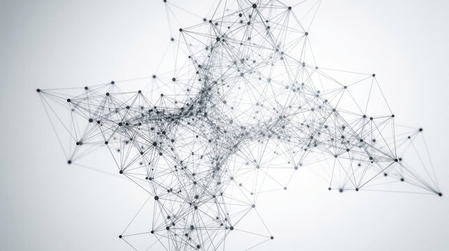 Abstract digital network with black dots, thin connecting lines on white background. Complex geometric mesh structure represents big data, neural connections, global communication system. Modern tech