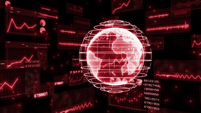Animated red color futuristic globe with futuristic head-up display (HUD UI) technology interface screen and chat panel, advanced data analysis algorithms dashboard display, black technology 3D back