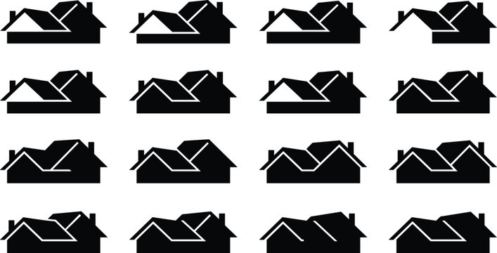 Real estate roof vector icons set featuring various house roofs architectural silhouettes and residential property symbols