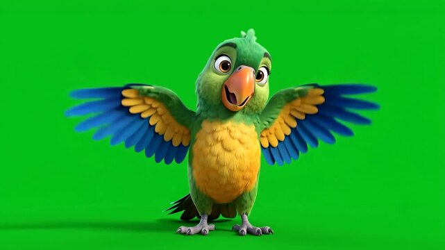 Cute cartoon parrot spreading wings on green screen background