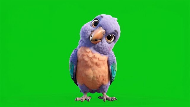 Cute cartoon parrot character standing curiously against green screen backdrop