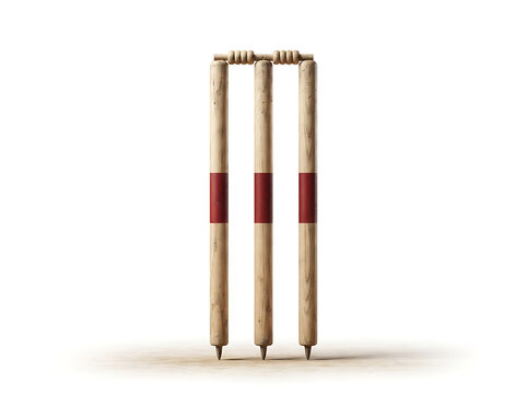 A set of three wooden cricket stumps with red painted bands and two bails on standing upright on a flat surface against a white background