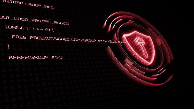 Animated red-colored computer running programming codes for breaking a hi-tech security system shield and key data protection, futuristic design, loop able black technology 3D background