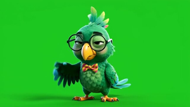 Cartoon parrot wearing eyeglasses and bow tie posing against green screen background