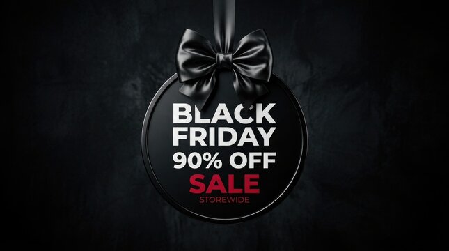 Elegant black friday sale banner featuring a decorative gift tag with ninety percent discount offer on dark background