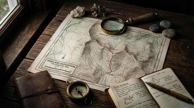 Magnifying glass and compass over vintage topographic map.