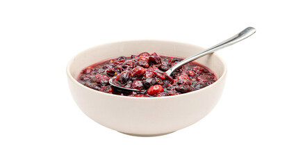 Fototapeta premium Bowl of cranberry sauce with spoon isolated on transparent background