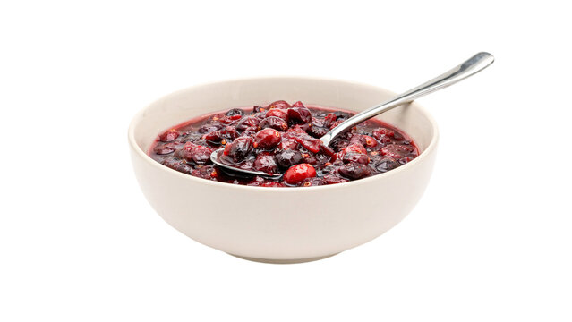 Bowl of cranberry sauce with spoon isolated on transparent background