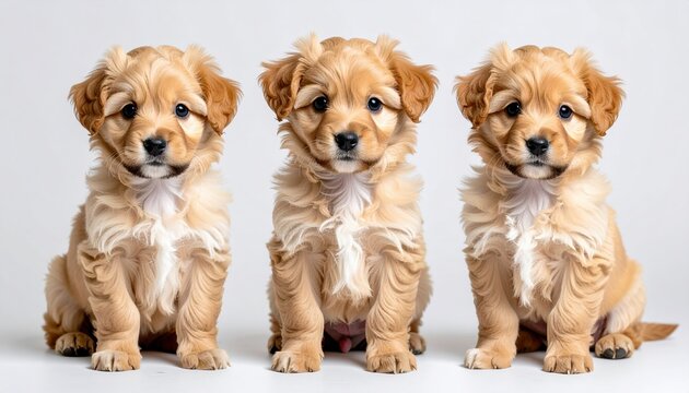 Three angle puppy reference showing full body and fluffy coat