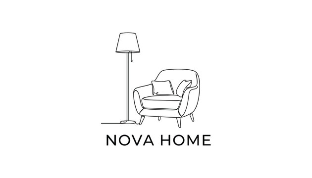 Nova home furniture store logo featuring a modern armchair and a tall floor lamp in a clean line art style.