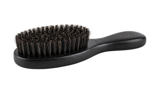Black wooden beard brush with dark bristles isolated on transparent background