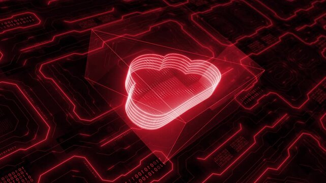Animated red color 3d glowing cloud storage data animated logo motherboard data transfer digital document hi tech futuristic design black technology 3D background 