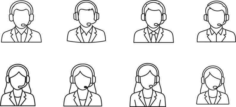 Customer service line icon set with call center agents, headsets, hotline support and customer care.