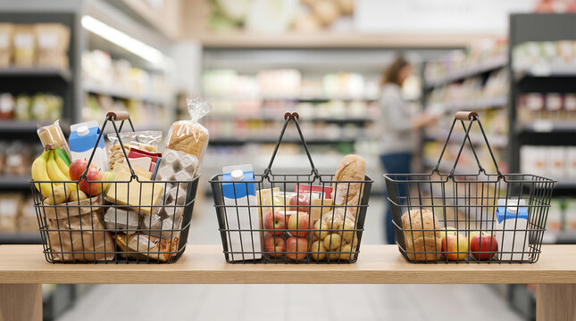 Three wire shopping baskets placed on a wooden shelf in a supermarket, filled with decreasing amounts of groceries to symbolize inflation, shrinking purchasing power, or retail sales decline.