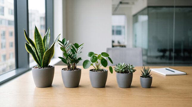 Five potted indoor plants arranged in decreasing height on a wooden table in a modern office, forming a visual downward trend to symbolize business decline, negative growth, or shrinking performance.