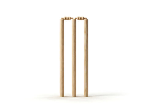 Three plain wooden cricket stumps with two bails resting on standing upright on a flat surface against a clean and bright white background