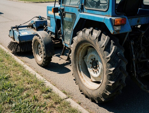 Blue municipal tractor with rotary sweeper brush attachment parked on asphalt road. Heavy duty maintenance vehicle features worn damaged rear tire near grassy curb. Industrial street cleaning machine