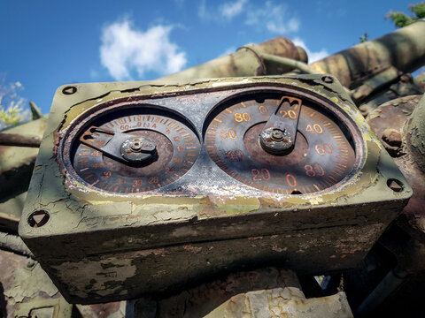 Vintage Military Tank Inclinometer and Artillery Elevation Gauge Dial Close Up - Military History Concept