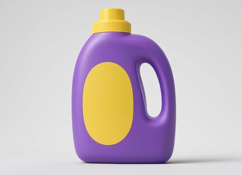 Purple plastic laundry detergent bottle with yellow cap and blank oval label mockup
