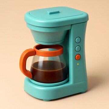 Turquoise plastic toy coffee maker with orange pot and brown liquid inside