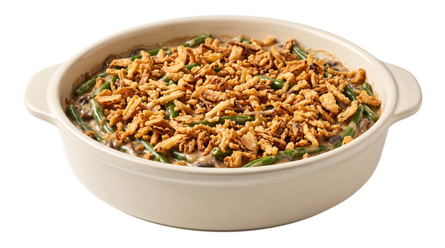 Creamy green bean casserole topped with isolated on transparent background