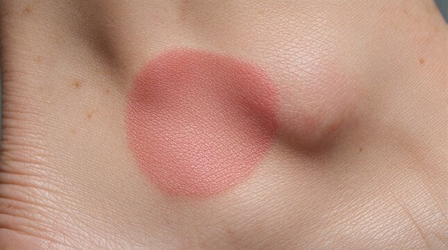 Close up of red skin patch on human body. Dermatological irritation shows inflammation allergy on sensitive area. Medical macro shot of rash, eczema, dermatitis symptom. Skin texture displays