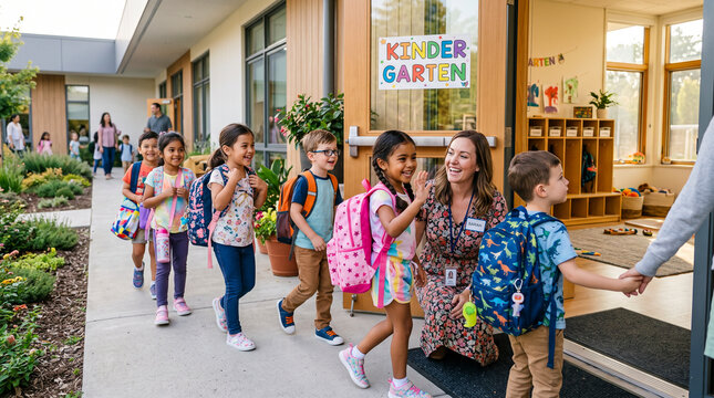 Ni&ntilde;os comenzando su primer d&iacute;a de colegio con mochilas nuevas, descubriendo el aula y conociendo a sus nuevos compa&ntilde;eros.