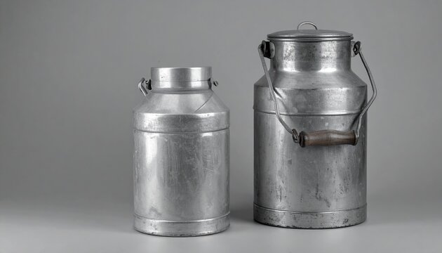 New stainless milk can beside vintage metal churn isolated on gray