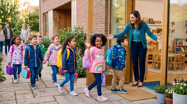 Ni&ntilde;os comenzando su primer d&iacute;a de colegio con mochilas nuevas, descubriendo el aula y conociendo a sus nuevos compa&ntilde;eros.