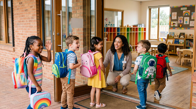 Ni&ntilde;os comenzando su primer d&iacute;a de colegio con mochilas nuevas, descubriendo el aula y conociendo a sus nuevos compa&ntilde;eros.