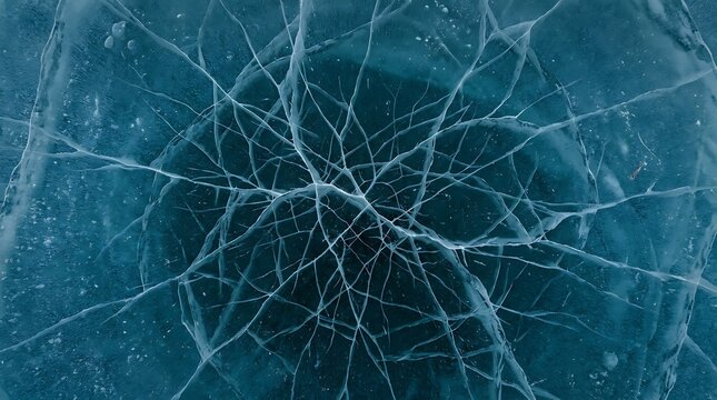 Cracked Ice Texture Background with Intricate Webbed Fissures in Deep Blue Frozen Lake Surface Photography