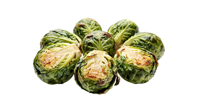 Fresh brussels sprouts, some halved, on isolated on transparent background