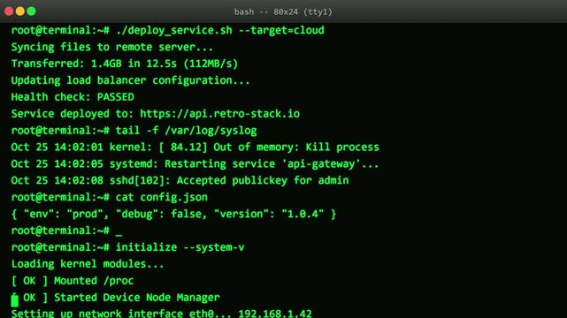 Green computer terminal windows with scrolling server deployment logs