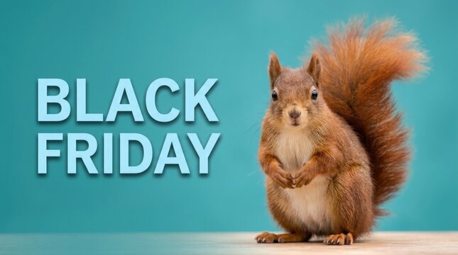 A cute fluffy squirrel standing next to a bold black friday sale sign on a blue background