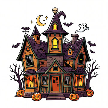 Halloween 2026 Haunted House Cartoon Illustration Flat Cel Shaded Style