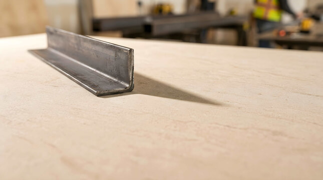 Sleek metallic angle iron beam on wooden surface with precision alignment, concept for energy infrastructure, power grid engineering, and utility scale integration