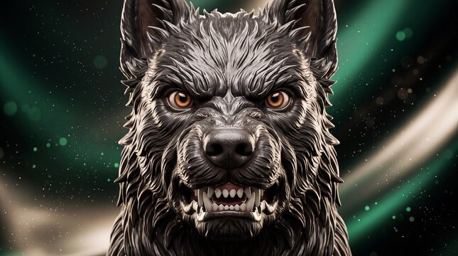 Intense close-up of a snarling dark wolf with glowing amber eyes against a mystical green and gold swirling background, showcasing its fierce expression and detailed fur.