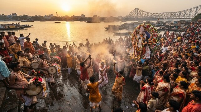 Bijoya Dashami immersion ceremony with crowds and goddess Durga idol at sunset Durga Puja