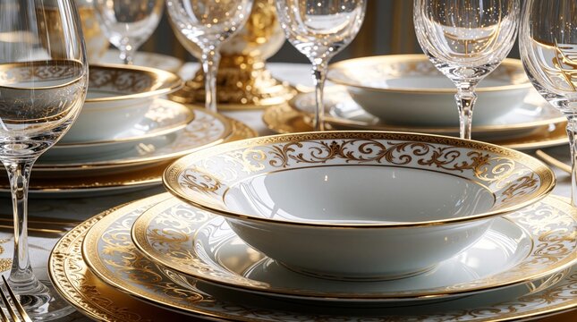 Close up view of luxury white, gold porcelain tableware. Elegant plates, bowls set on fancy dining table with crystal wine glasses. Upscale banquet decor for premium event, gala dinner wedding