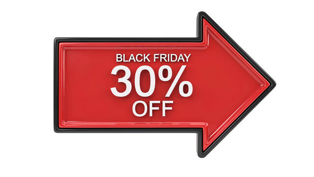 Red arrow sign for black friday 30% off sale isolated on transparent background
